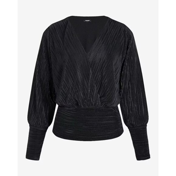 Express Women's Long Sleeve Surplice Top Size XS Black Pleated V-Neck NWT $58 - Picture 4 of 16